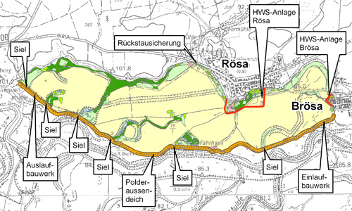 Bauwerke und Maßnahmen im Flutungspolder Rösa mit Darstellung der Landnutzung